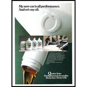 1986 Quaker State Motor Oil Vintage Print Ad White Bottle Pouring Wall Art Photo